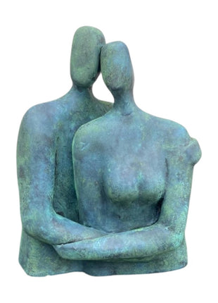 Keramisch beeld “Looking into the Past” – handgemaakt brons‑groen – 17x7x13 cm kunstwerk