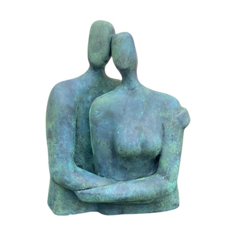 Keramisch beeld “Looking into the Past” – handgemaakt brons‑groen – 17x7x13 cm kunstwerk